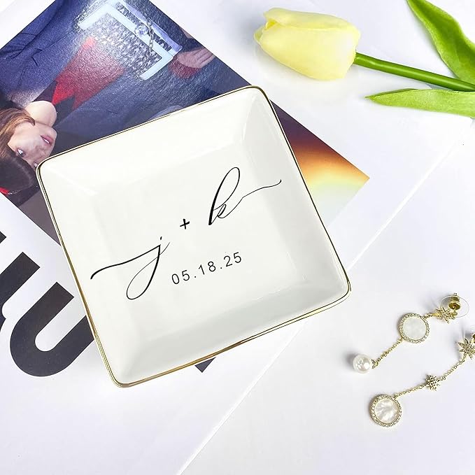 Custom Engagement Ring Holder Ring Dish, Custom Wedding Gifts for Couple, Bridal Shower Couple Jewelry Tray, Monogrammed Engagement Wedding Gifts for Bride 2