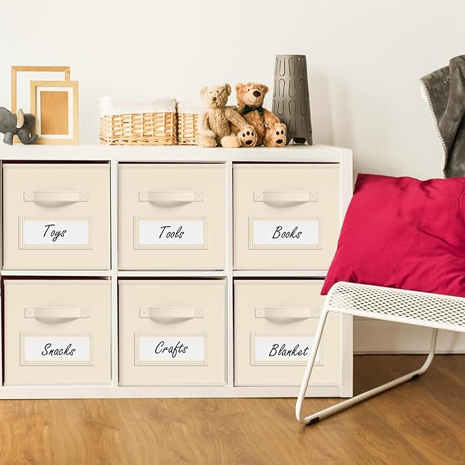 10 Pcs Fabric Storage Cubes with Labels 11 Inch Collapsible Cube Organizer Baskets with Window Cards for Shelf Nursery Clothes Book Toys Storage Bin(Beige)