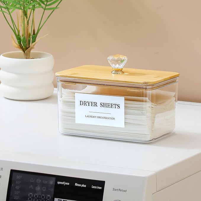 Dryer Sheet Holder with Lid, Clear Dryer Sheet Container, Dryer Sheet Dispenser with 4 Labels, Laundry Sheet Holder for Laundry Room and Organization