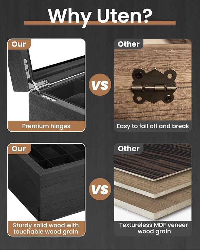 Uten 8-Slot Watch Box, 2-Layers Solid Wood Watch Display Case with Glass Lid, Watch Holder Organizer with Soft Pillow and Velvet Lining, Watch and Jewelry Storage Box, Black