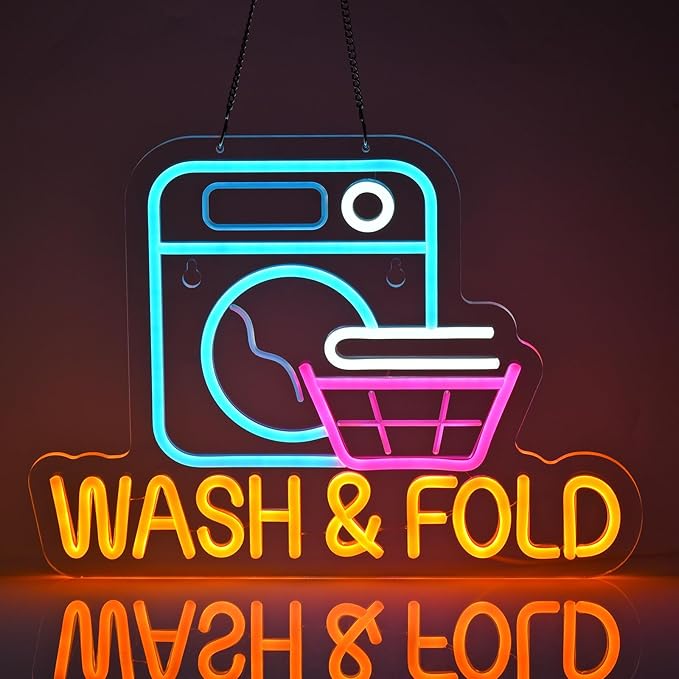 Wash & Fold Neon Sign for Laundry Room Wall Decor LED Light up Sign Business Signage for Home Laundromat Wash Room Decor Gift 16.1" x 11.8" Led Art Wall Hanging Decorative Lights