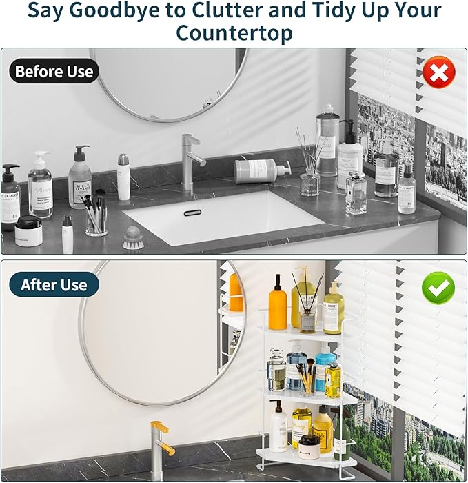 3-Tier Bathroom Countertop Organizer, Bathroom Organizers and Storage for Bathroom, Kitchen Counter, Corner Storage Shelf for Bedroom Storage Makeup Skincare Perfume (White)