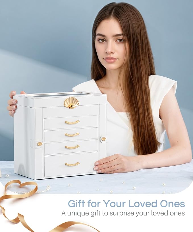 Jewelry Box with 4 Drawers: Display Organizer for Earrings Necklaces - Christmas Gifts for Girls Women (White)