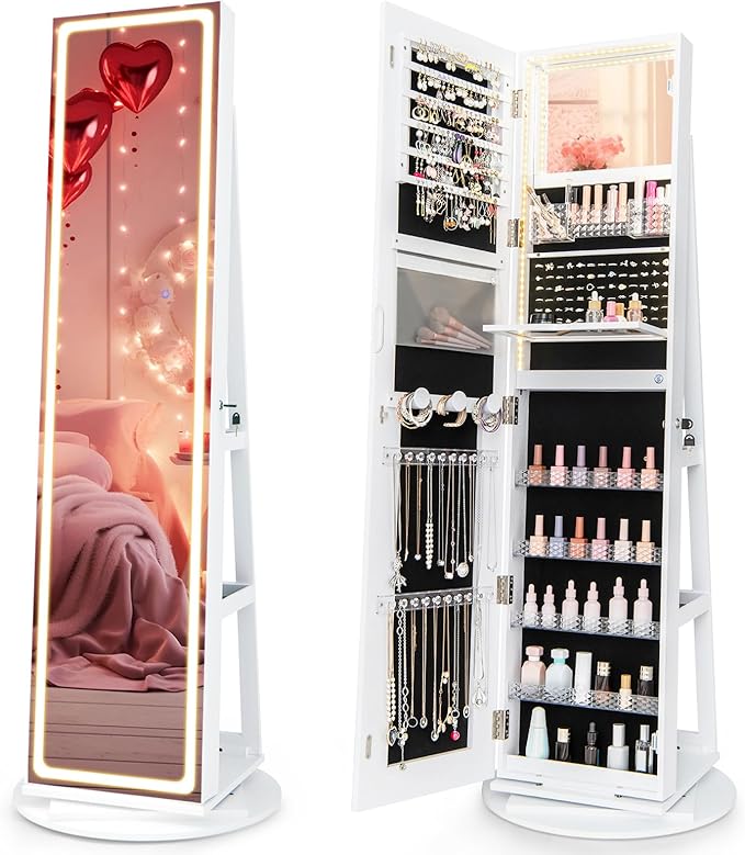 CHARMAID 360° Rotating Jewelry Armoire with LED Lighted Full Length Mirror & Built-in Vanity Mirror, Lockable Standing Jewelry Cabinet with Lights, Large Storage Organizer for Jewelry (White)