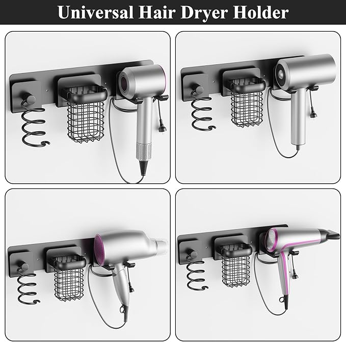 Tindbea Upgraded Aluminum Alloy Hair Dryer Holder Wall Mounted with Built-in Cord Wrap,3-in-1 Hair Tool Organizer for Blow Dryer, Curling Iron, and Straightener, Matte Black
