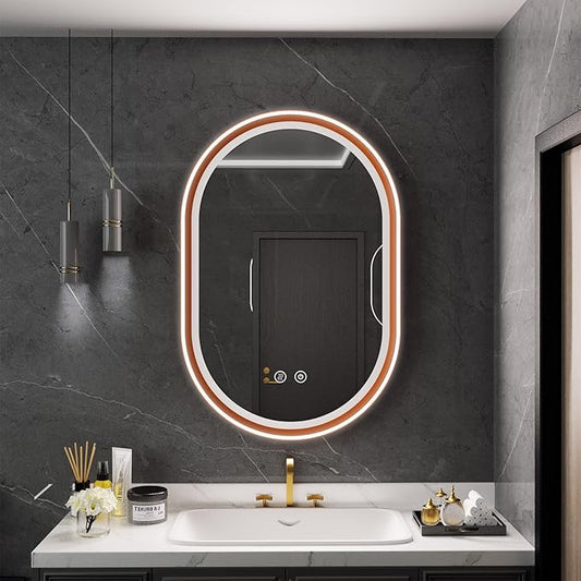 Led Bathroom Mirror with Lights, 24'' x 36'' Oval Heavy Duty Aluminum Frame Bathroom Vanity Mirror with Lights, 3 Colors, Brightness Stepless Dimmable, Anti-Fog, Memory Function, Double LED Orange