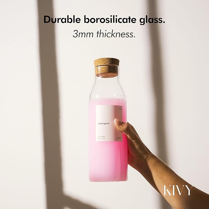 KIVY Glass Laundry Detergent Dispenser + Labels [Set of 2] Glass Jars for Laundry Room Organization Decor - Scent Beads & Soap Dispenser for Liquid Detergent Dispenser & Fabric Softener