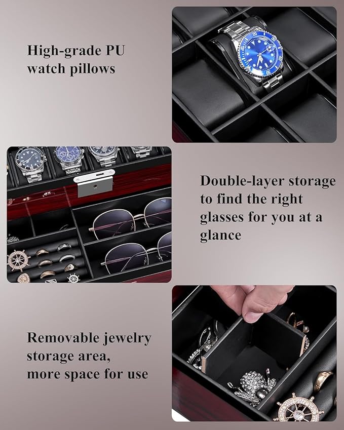 ANWBROAD Watch Box for Men, 12 slot Watch Cases with Glass Lid, 2-Layer Wooden Watch Display Case for Jewelry and Watch Organizer for Men Women, Ideal for Gifting with a Present Box, Lockable UJWB003Y