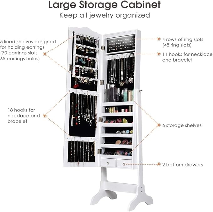 Giantex Jewelry Armoire Organizer with Full Length Mirror, 14 LEDs Floor Standing Jewelry Cabinet with 2 Drawers, 4 Adjustable Angles, Lockable Jewelry Storage Box Cabinet (White)