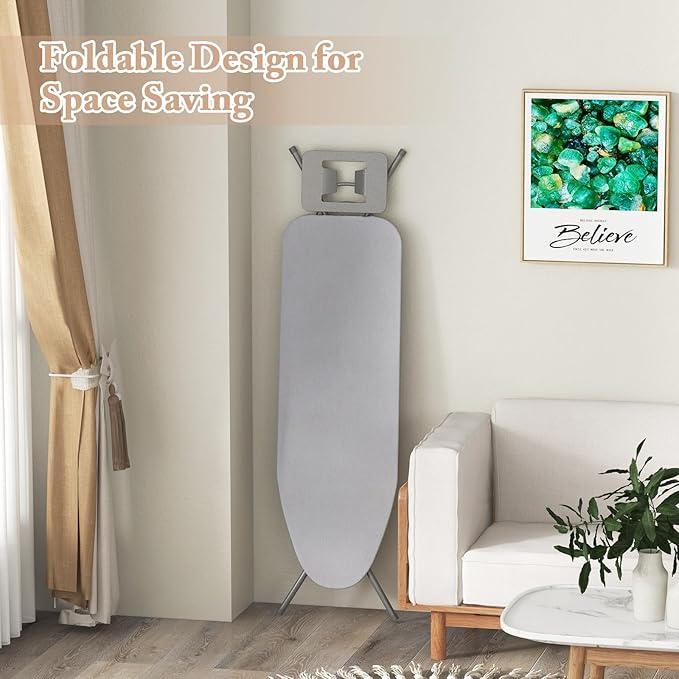 COSTWAY Ironing Board Full Size, Foldable Iron Table w/Rest, Height Adjustable, Removable Cover, Heavy-Duty Metal, Compact and Space Saver Iron Board for Living Room, Laundry (Light Gray)