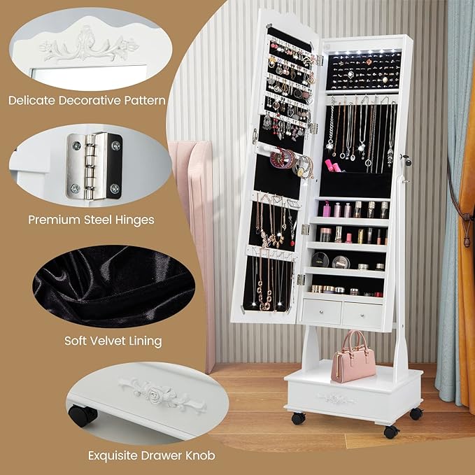 CHARMAID Rolling Jewelry Armoire with Full Length Mirror, Lockable Stand up Jewelry Cabinet with Lights and Wheels, Standing Jewelry Organizer with Drawers, Mirror with Jewelry Storage (White)