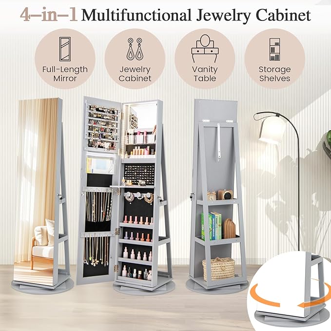 Mirror Jewelry Cabinet Standing with Full Length Mirror, 360° Swivel Jewelry Armoire with 3-Color LED Lights & Foldable Makeup Shelf, Lockable Organizer for Women, Space-Saving (Gray)
