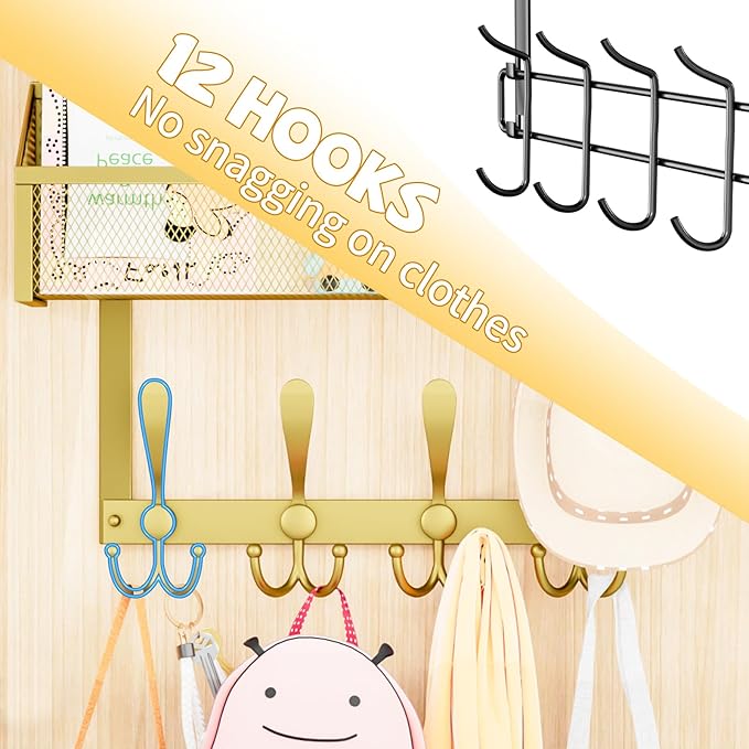 Over The Door Hooks Organizer, Coat Rack Over The Door Storage Hanger Towel Rack, Back of Door Storage Organizer for Bathroom,Bedroom,Kitchen,Office (Gold, 3-Tier)