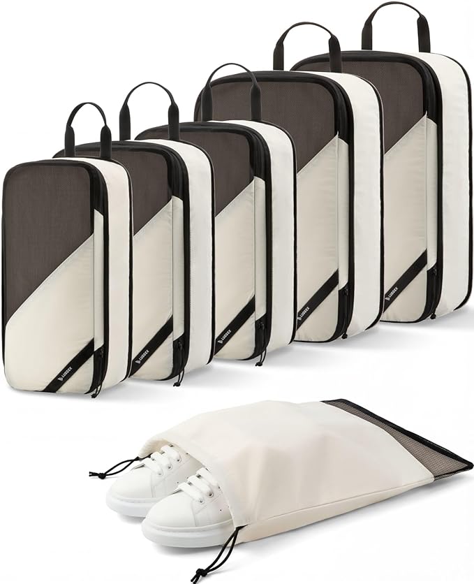 LUGGEX 6 Set Compression Packing Cubes for Travel, POX01 Luggage Organizers Bags, Suitcase Organizer with Shoe Bag Travel Accessories Essentials for Carry on & Checked (POX-Core, Beige)