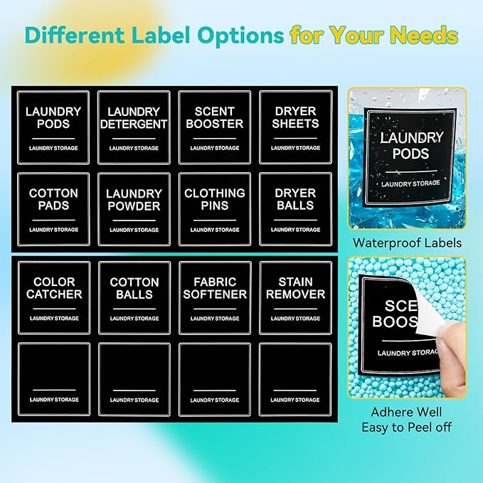 Laundry Pods Container & Dryer Sheet Holder, Laundry Room Organization and Storage Jars with Lids, Labels & Scoops for Powder Detergent Scent Booster, Black Lid