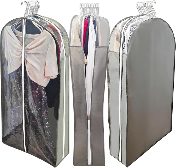 6.3"Gusseted Garment Bags for Hanging Clothes with Dual Zippers- Full Clear Front & Sides PEVA,50"Breathable Dust-proof Waterproof Dress Covers for Closet Storage,Travel,Moving,Gray,5 Pack