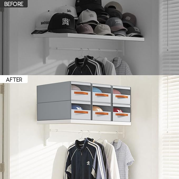 Hat Organizer for Baseball Caps - 2 Pack Pull-Out Drawer Hat Storage Organizer Box with Clear Window, Stackable Closet Cap Holder, Baseball Cap Organizer for Closet, Bedroom, Home, Gray