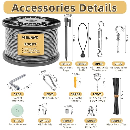1/8" Black Wire Rope Kit 300FT 304 Stainless Steel Vinyl Coated with M5 Turnbuckles, 7x7 Strand Core Aircraft Cable for String Light, Picture Hanging, Clothesline, Curtain, and Plant Trellis