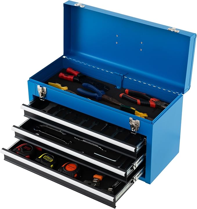 IRONMAX Portable Tool Box, 20.5’’ Lockable Steel Tool Chest Cabinet w/Comfortable Handle & 3 Drawers, Heavy Duty Storage Toolbox Tool Organizer for Garage, Warehouse, Home (Blue)