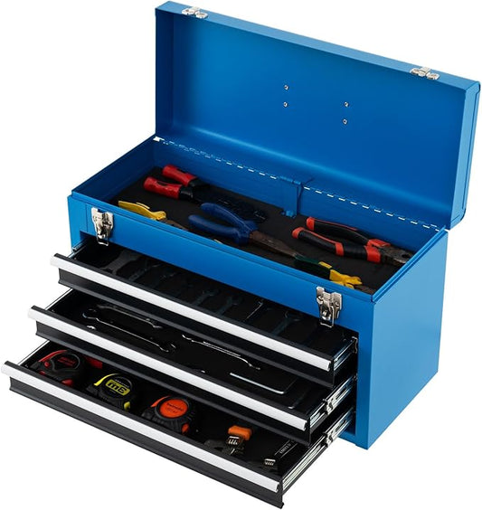 IRONMAX Portable Tool Box, 20.5’’ Lockable Steel Tool Chest Cabinet w/Comfortable Handle & 3 Drawers, Heavy Duty Storage Toolbox Tool Organizer for Garage, Warehouse, Home (Blue)