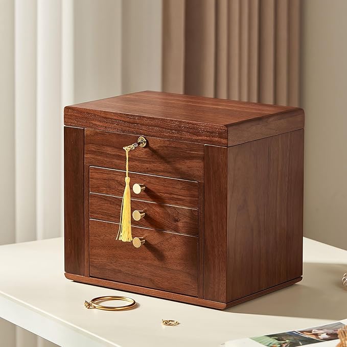Black Walnut Wooden Jewelry Box, Wood Jewelry Organizer with 2 Side Doors Mirror Lockable Classical for Watch Necklace Ring Earring Valentine's Day Gifts-4 Layer with Curved Ring Grooves