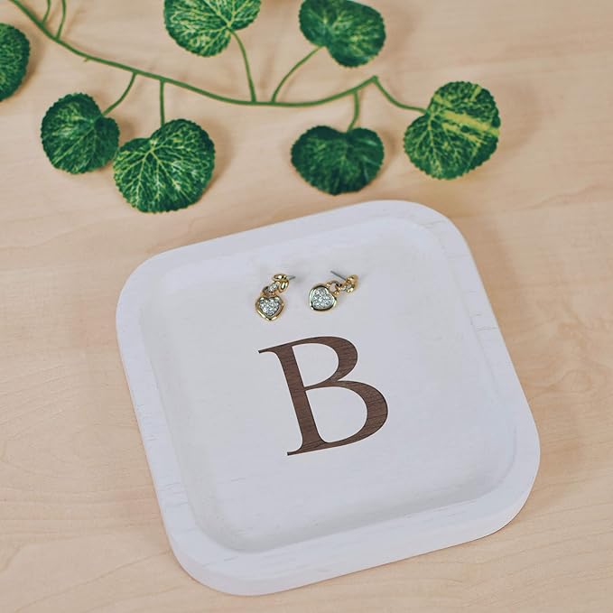 I'm Wooden Personalized Letter Catchall Valet Tray Trinket Dish Jewelry Tray Key Bowl Decorative Plate Organizing Ring Earrings Necklaces Bracelet Watch Coins Wallet Holder(6"x6" Sq White B)