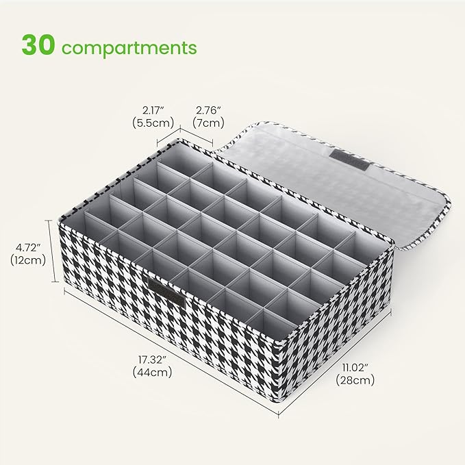 MURRI&MURRDI Socks and Underwear Storage Box for Closet with Lids, Foldable Closet Drawer Organizer 30 Cells Drawer Divider 2 Packs, Foldable Linen Storage Bin for Ties Scarves (2 Houndstooth)