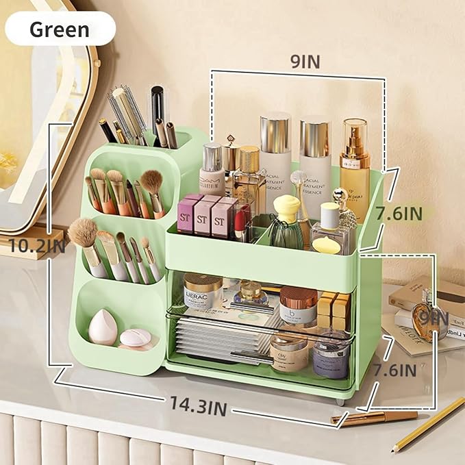Makeup Organizer with Drawers,Large Capacity Countertop Organizer for Vanity,Bathroom and Bedroom Desk Cosmetics Organizer,Easy To Storage Skincare,Brushes,Lotions,Lipstick (Green)