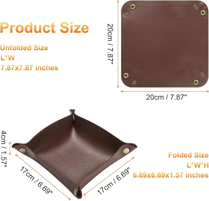 HARFINGTON 4pcs PU Leather Valet Tray Unisex Folding Small Catchall Tray Portable Entryway Table Tray Nightstand Bedside Desk Tray for Key Wallet Watch Coin Jewelry Dice, Dark Brown