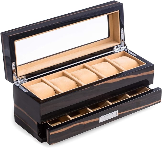 Bey-Berk Personalized Ebony Wood 5-Slot Watch Box, Lacquered Glass-Top Watch Display Case with Velour-Lined Cushions and 5-Compartment Accessory Drawer, 12" x 4.25" x 5.15"