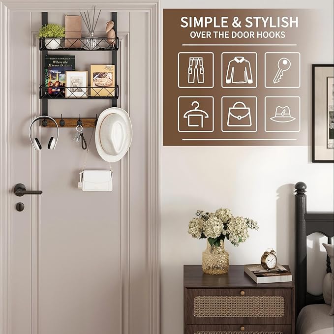 YINMIT Over The Door Hooks Organizer, Over Door Storage with 5 Hooks and 2 Mesh Baskets, Door Hanger Hook, Over The Door Towel Rack, Over Door Hanger for Bathroom, Bedroom, Kitchen