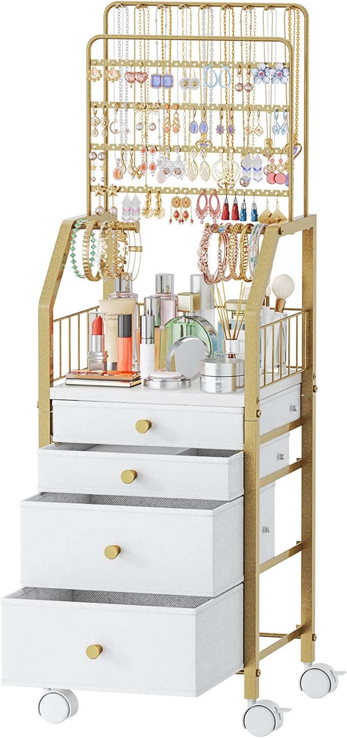SWTYMIKI Large Jewelry Organizer Stand - Multifunctional Rack Tower for Necklace, Earring, Ring & Bracelet Display - Moveable Storage Jewelry Holder Stand with 4 Nonwoven Drawers for Bedroom Gold