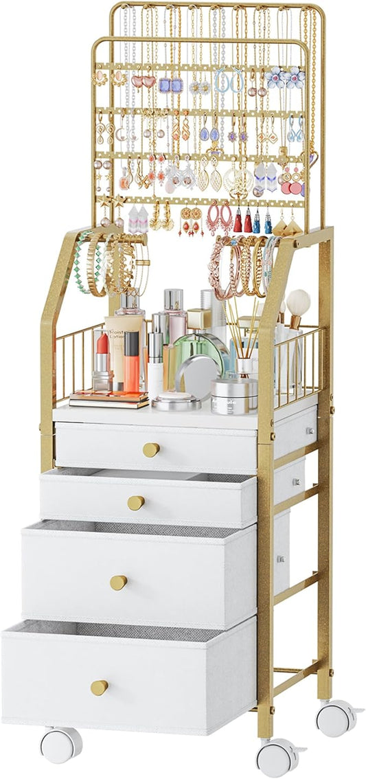 SWTYMIKI Large Jewelry Organizer Stand - Multifunctional Rack Tower for Necklace, Earring, Ring & Bracelet Display - Moveable Storage Jewelry Holder Stand with 4 Nonwoven Drawers for Bedroom Gold