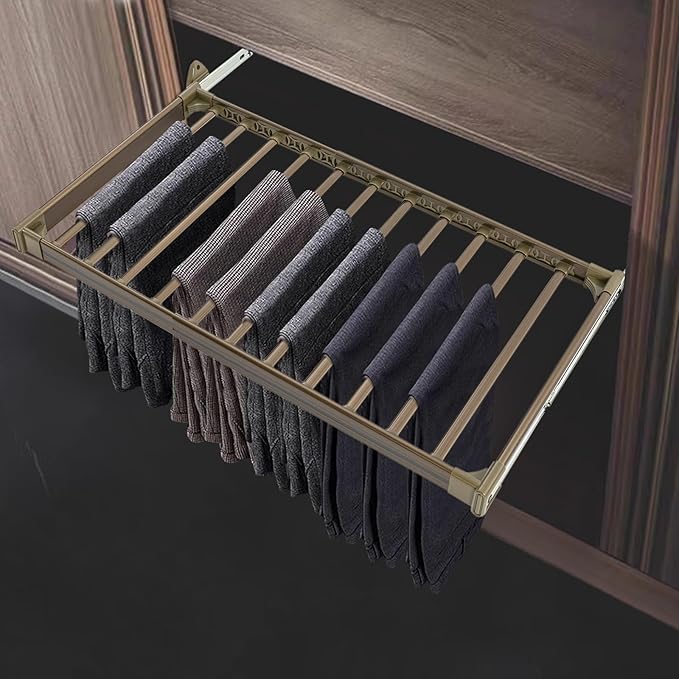 11 Arms Slide Out Pants Rack Closet Pants Hanger Bar Pull Out Trousers Rack Tie Belts Scarf Racks, Top Mounted Wardrobe Clothes Organizers Rail Pull Out Closet Storage Rod-Champagne