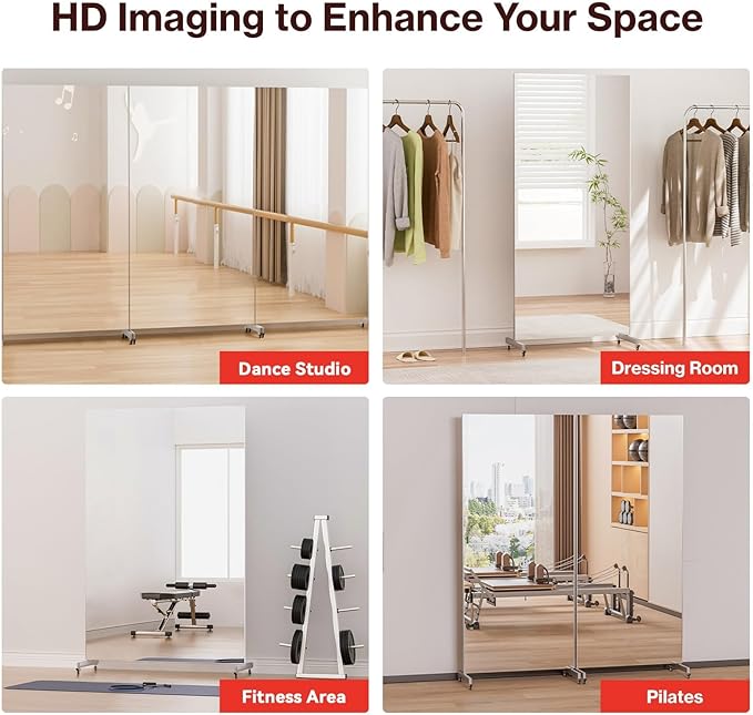 76" x 34" Full Length Standing Mirror on Wheels, Large Glassless Rolling Mirrors with Brakes, Shatterproof Full Body Mirror for Dance Studio/Home Gym, HD Imaging, Easy to Install, Silver