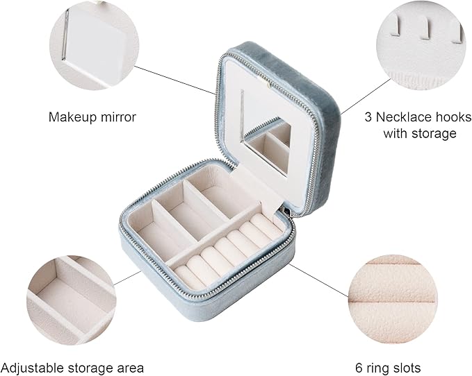 Customizable Compact Velvet Jewelry Box with Mirror, Travel Jewelry Case, Travel Jewelry Organizer, Jewelry Box for Women and Girls, Small Jewelry Organizer (Flower Design, Powder Blue)