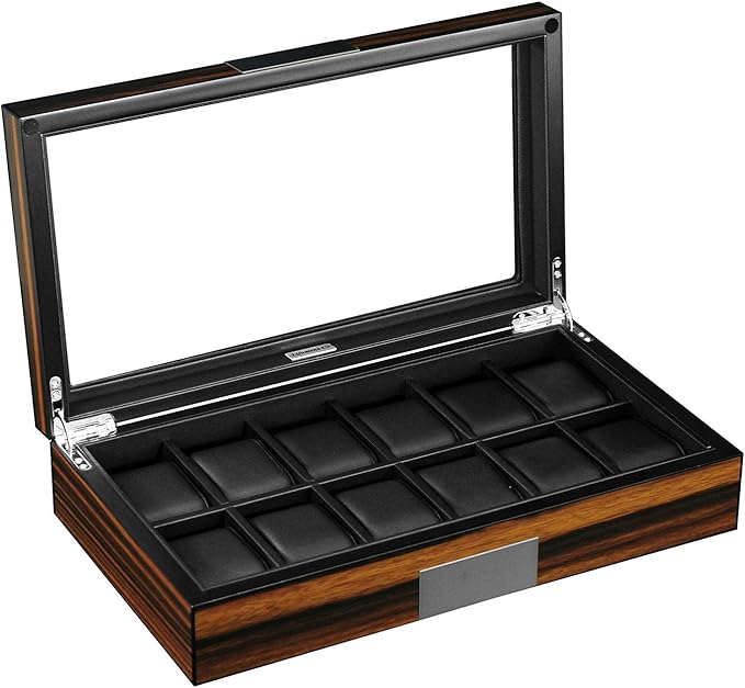 12 Watch Box for Men Watch Display Case Wood Luxury Watch Box with Large Glass Window,Watch Organizer Box with Ultra Smooth PU Leather Interior
