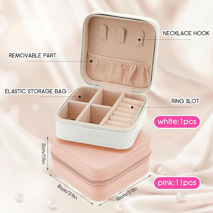 Taiyin 12 Pcs Travel Jewelry Case, Valentines Day Gifts for Her- Small Jewelry Organizer Box Bridesmaid Gifts for Women Girls (White,Pink)