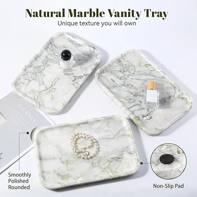 Luxury Marble Vanity Tray, Bathroom Tray Countertop, Bianco Marble/Stone, Home Decorative Dresser Organizer, Storage for Kitchen Sink, Perfume Jewelry Holder(Green&White)