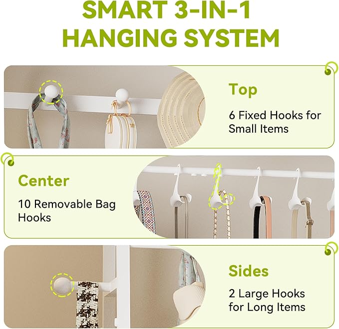 KAFAHOM Purse Rack, Purse Organizer for Closet - Tall Purse Shelf with 8 Hooks & 10 Removable Hangers to Hold Handbags, Backpacks, Pocketbooks., Perfect Purse Display Stand & Storage Tree,White