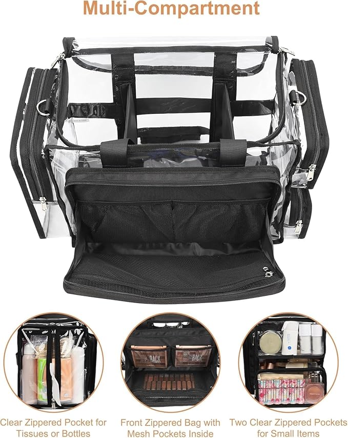 Relavel Clear Makeup Bag with 4 Small Pouches, Extra Large Makeup Artist Kit Set, Cosmetic Storage Organizer Transparent Tote Beach Toiletry Bag with Adjustable Dividers & Shoulder Strap