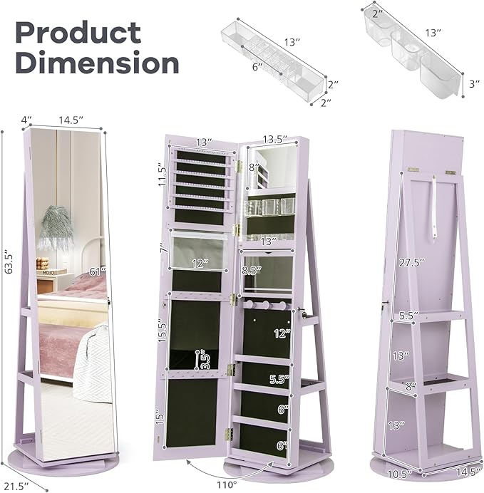 CHARMAID 360° Swivel Jewelry Armoire with Full Length Mirror, Rear Storage Shelves, Lockable Standing Jewelry Cabinet Organizer with Interior Vanity Mirror and 3-Color Lights (Lavender)