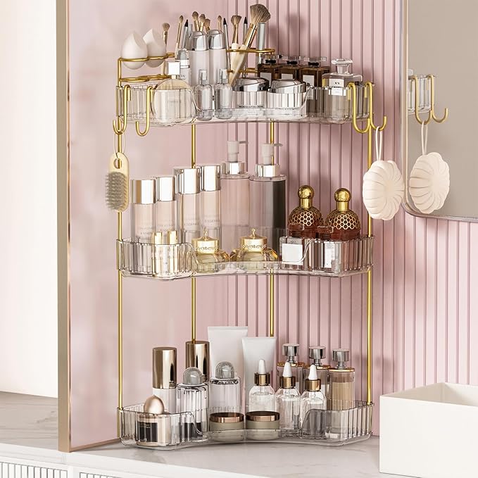 3-Tier Corner Bathroom Counter Organizer，Makeup & Skincare Shelf with Built-in Brush Holder，Space-Saving Bathroom Countertop Organizer for Skincare, Perfume, Cosmetics(Green)