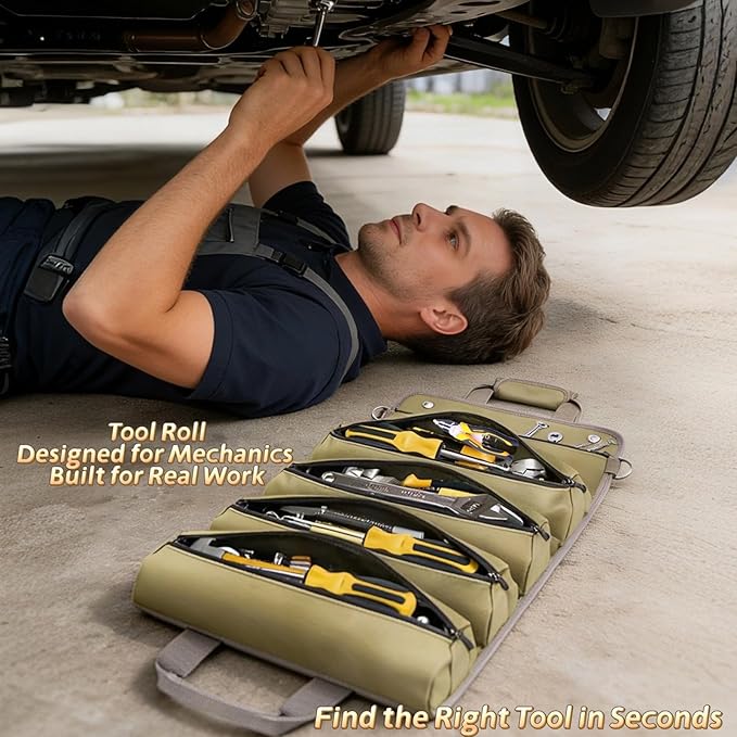 Roll Up Tool Bag-Tool Roll Organizer Heavy Duty Portable Tool Roll Bag for Mechanic Handyman Electrician Motorcycle Tools, Durable Tool Storage Gift for Men, Dad Birthday Gift