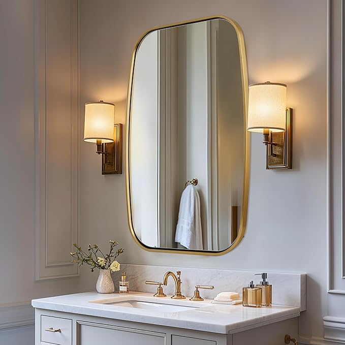 ANDY STAR Brushed Gold Oval Bathroom Mirror, 24x36 Inch Brass Oblong Mirrors for Wall, Modern Vanity Mirror in Stainless Steel Metal Tube Frame, Wall Mount Horizontal or Vertical
