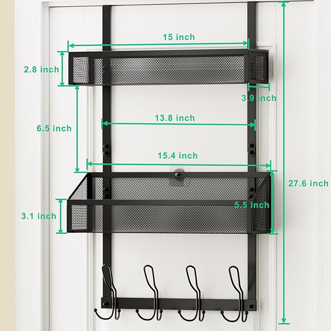 Over The Door Hooks Organizer, Over The Door Shower Caddy, Over The Door Towel Rack Back of Storage with 12 Hooks & 2 Mesh Baskets Door Hanger Organizer for Bathroom,Kitchen,Bedroom(Black)