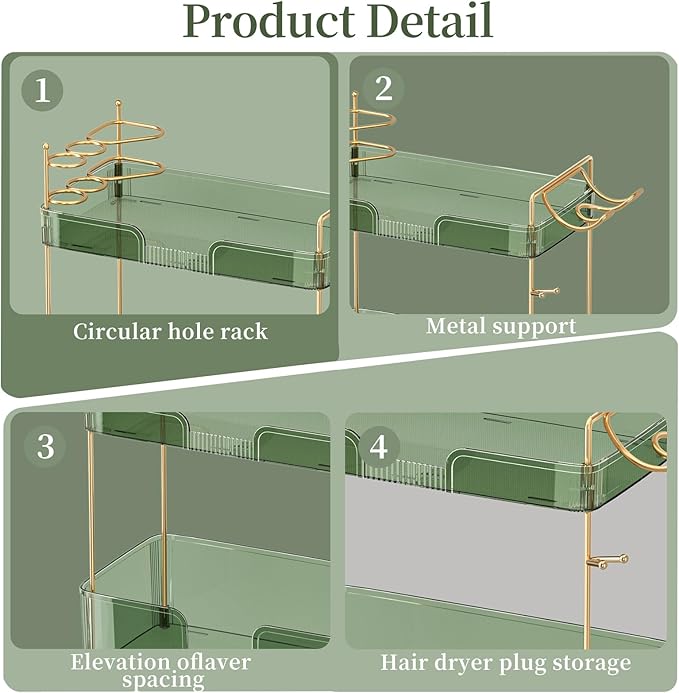 3 Tier Bathroom Organizer Countertop Makeup Perfume Tray Skincare Organizer Comes with Hair Dryer Rack and Toothbrush Holder for Bathroom Dresser Vanity (Green)
