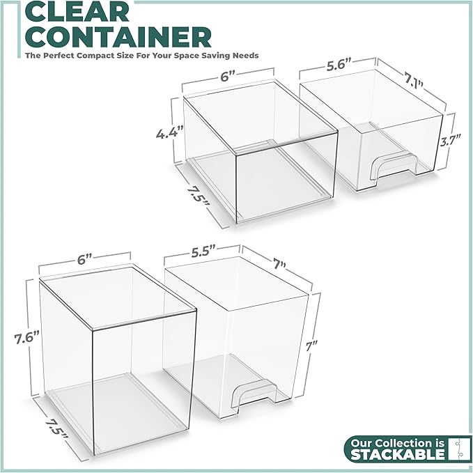 Sorbus Stackable Acrylic Storage Drawers, 2 Pack Clear Plastic Organizer Bins for Baby Bottles, Makeup, Bathroom, Vanity & Countertop Organization, Pull-Out Drawer Design for Cabinets & Pantry