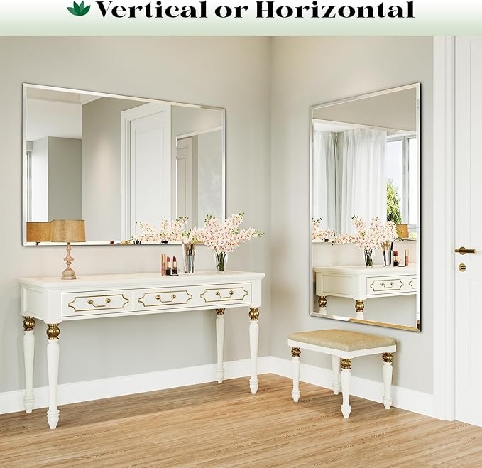 Beveled Bathroom Mirror, 48"x32" Frameless Mirror for Wall, Bathroom Vanity Mirrors for Entryway, Bedroom, Living Room Hangs Horizontally or Vertically
