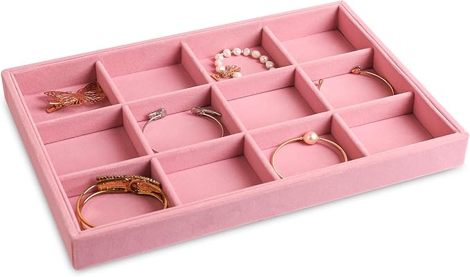 Frebeauty Stackable Velvet Jewelry Organizer Trays for Drawers Inserts Jewelry Storage Tray Display Case, Stud Earrings Bracelets Necklace Rings Accessories Trays for Women(Set of 2)(Pink)